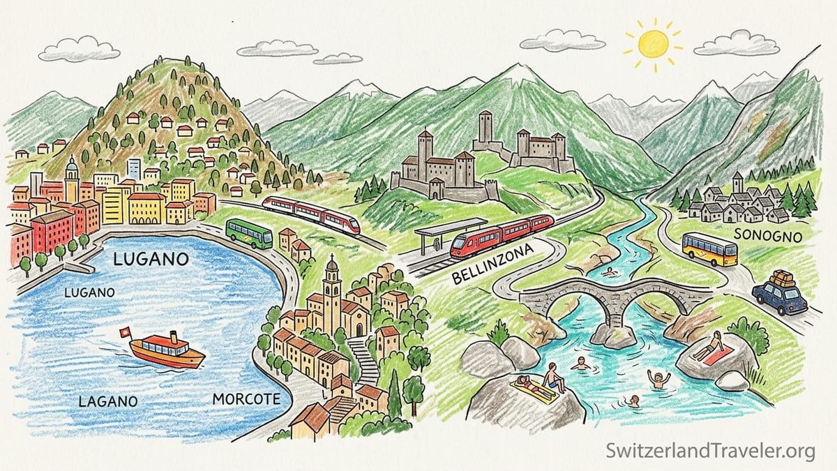 Emerald Verzasca valley with stone village rooftops, river pools and a PostBus on a winding mountain road.