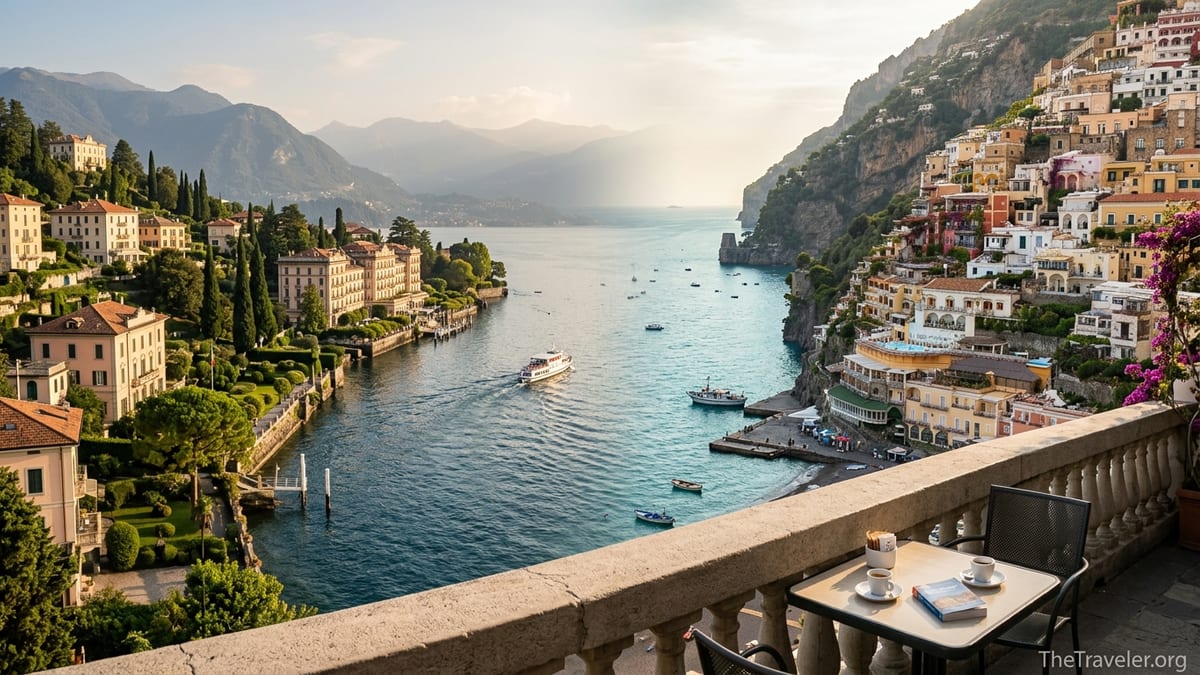 Panoramic view combining a Northern Italian lake town and a Southern Italian coastal village at golden hour.