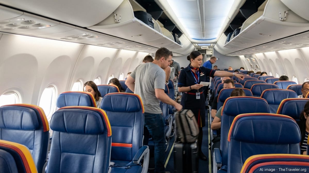 Passengers and a flight attendant in a Southwest cabin as seat assignments are checked and seat changes are refused.
