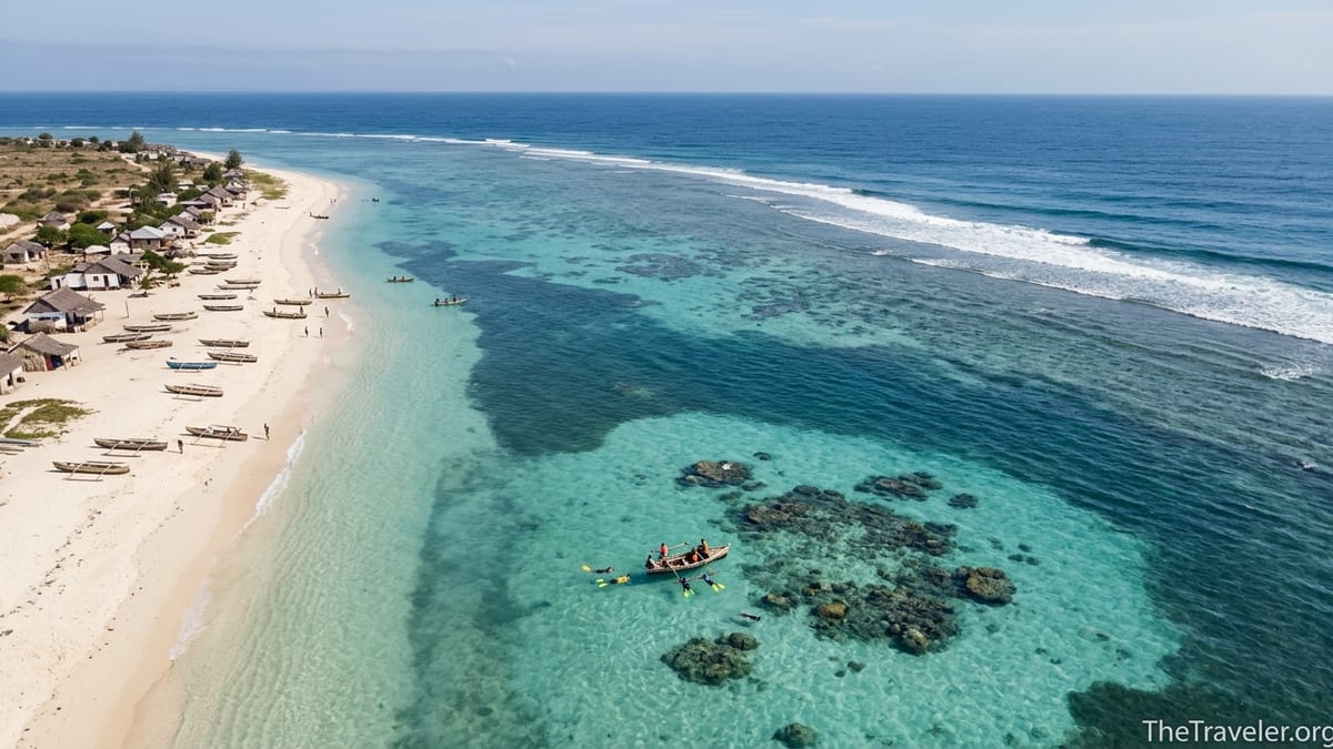 Aerial view of southwest Madagascar lagoon with coral reef, sand beach and small snorkel boat.