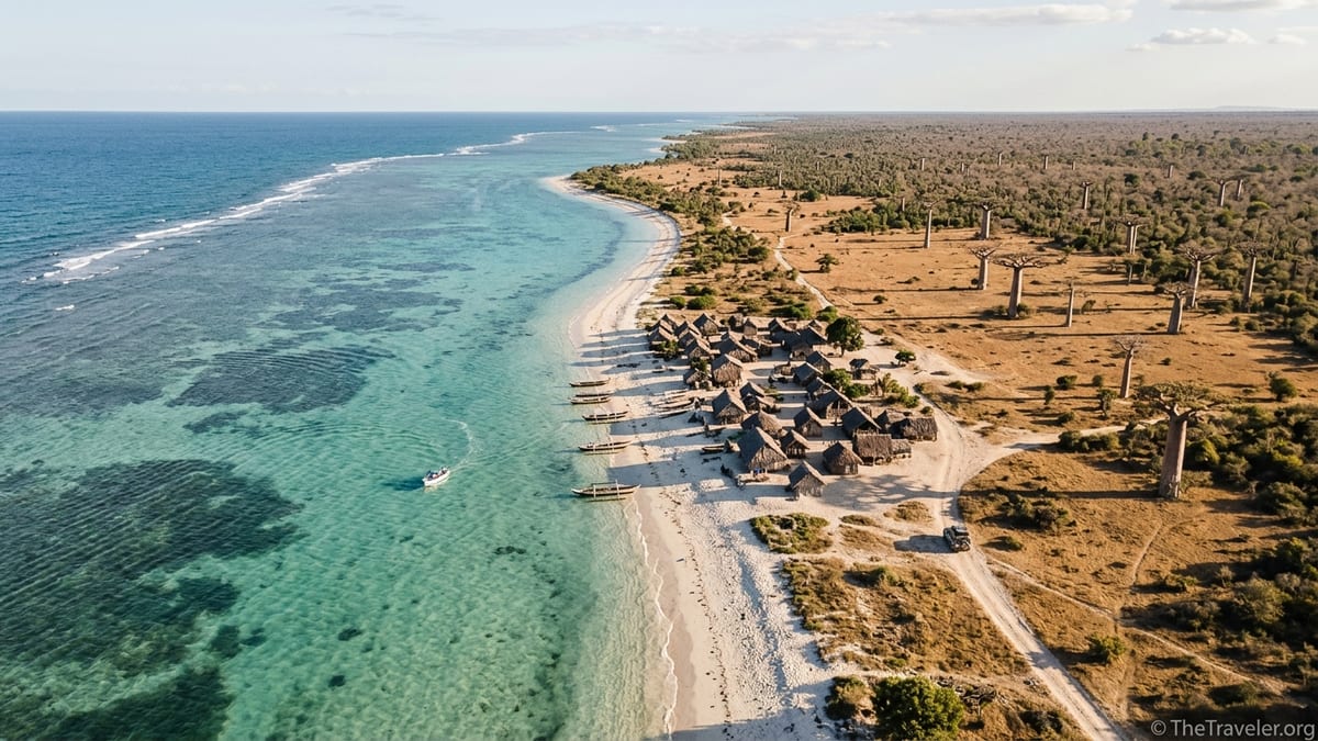 Aerial view of southwest Madagascar coast with lagoon, reef, sandy track and small fishing village.