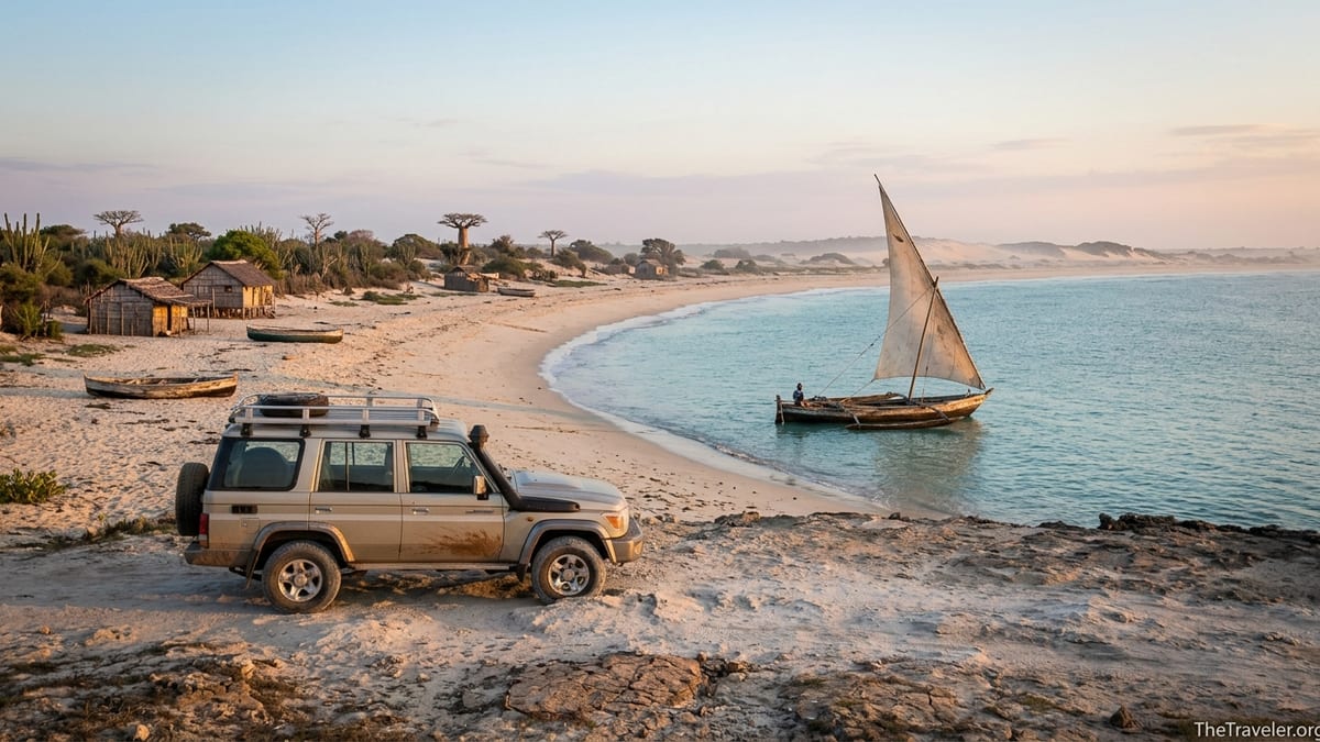 4x4 and Vezo pirogue on a remote beach near Toliara in southwest Madagascar at sunrise.