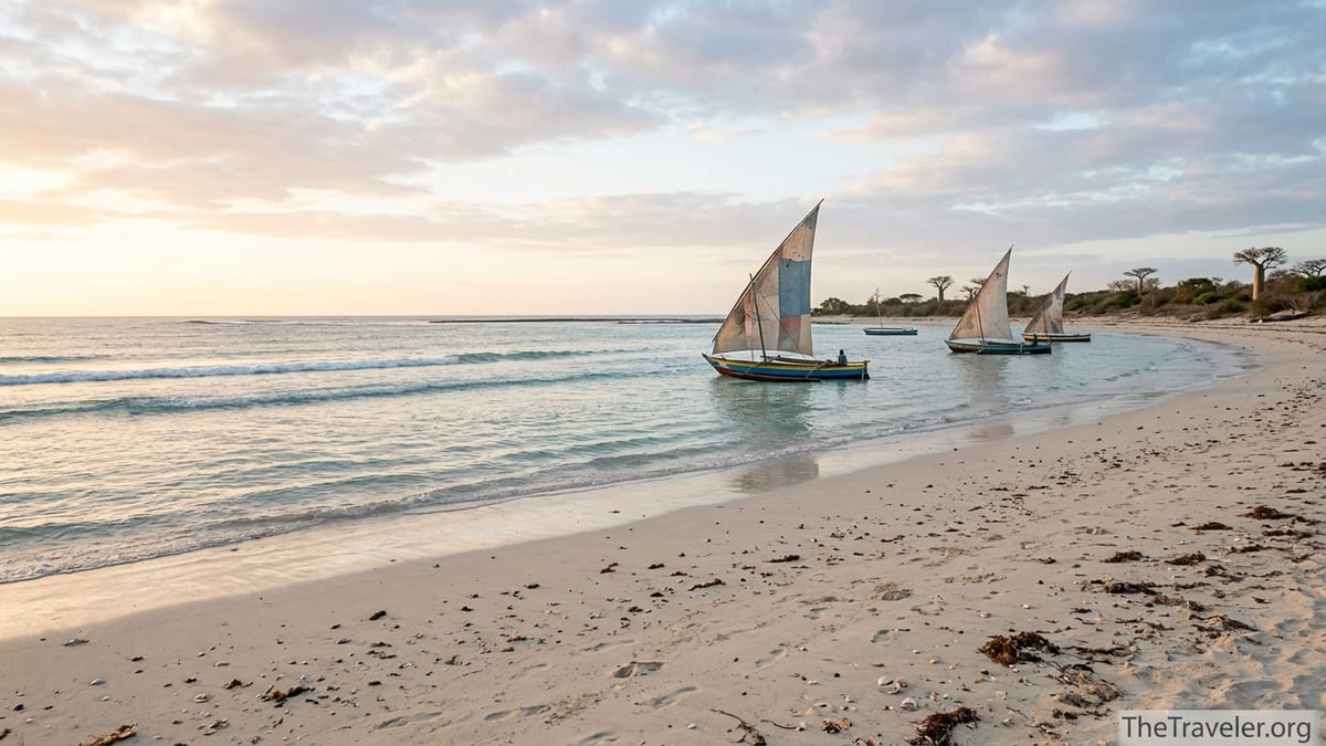 Vezo sailing pirogues crossing a calm turquoise lagoon at sunrise near Anakao in southwest Madagascar.