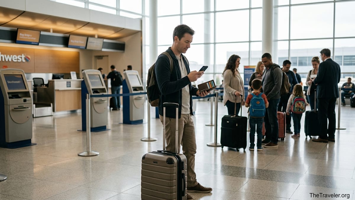Traveler at airport check-in weighing credit card choices near Southwest counters.