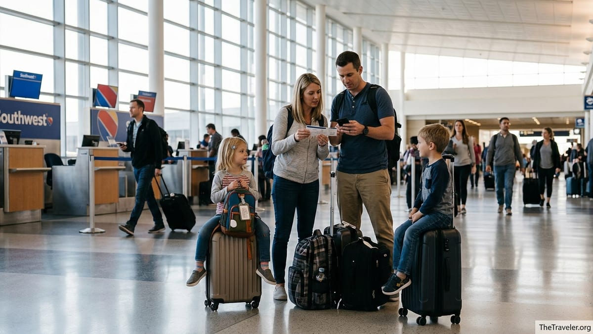 Family with luggage at Southwest check-in area in a busy U.S. airport terminal.