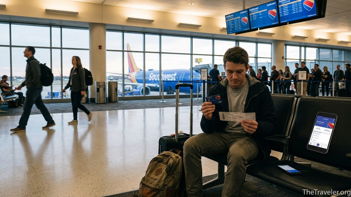 Traveler holding a Southwest credit card at a busy airport gate with a Southwest jet outside.