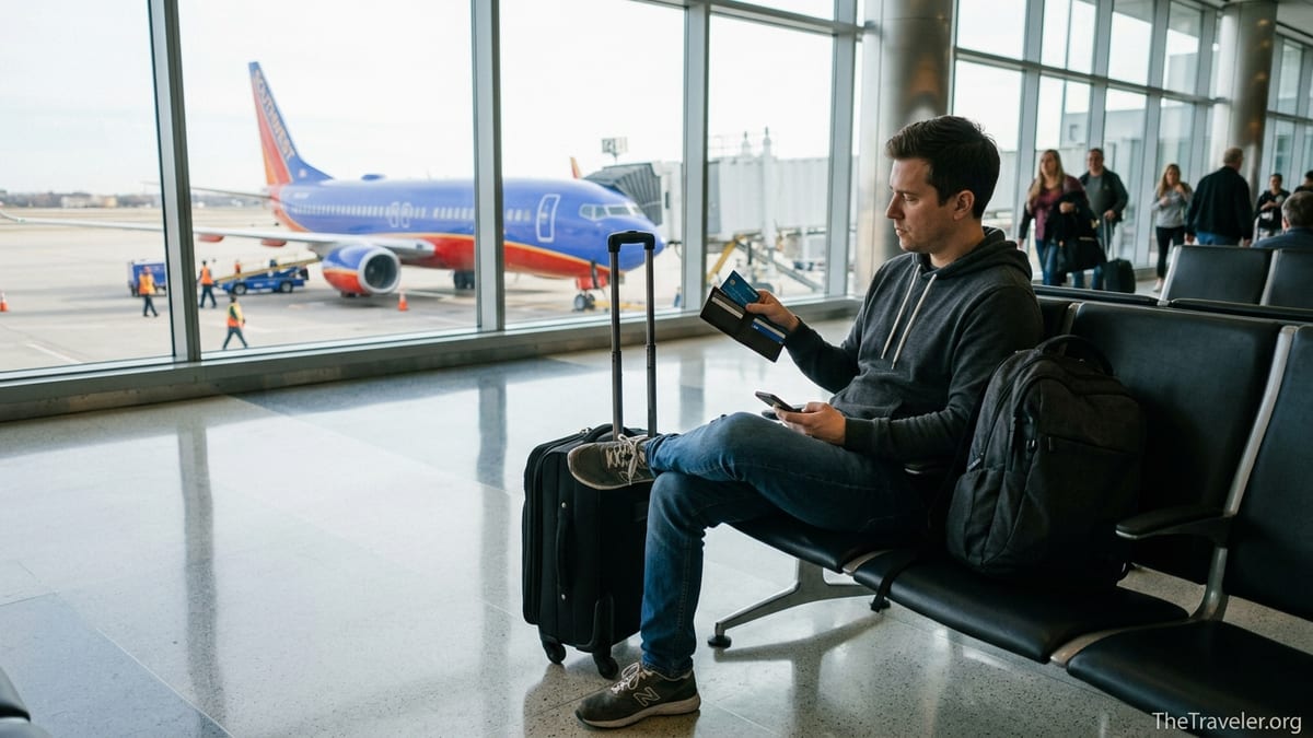Traveler at a Southwest gate in an airport terminal checking a credit card before boarding.