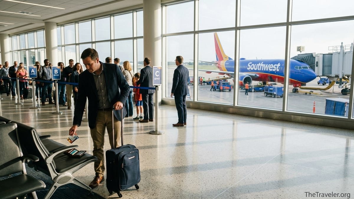 Traveler at a Southwest boarding gate comparing two credit cards before a flight.