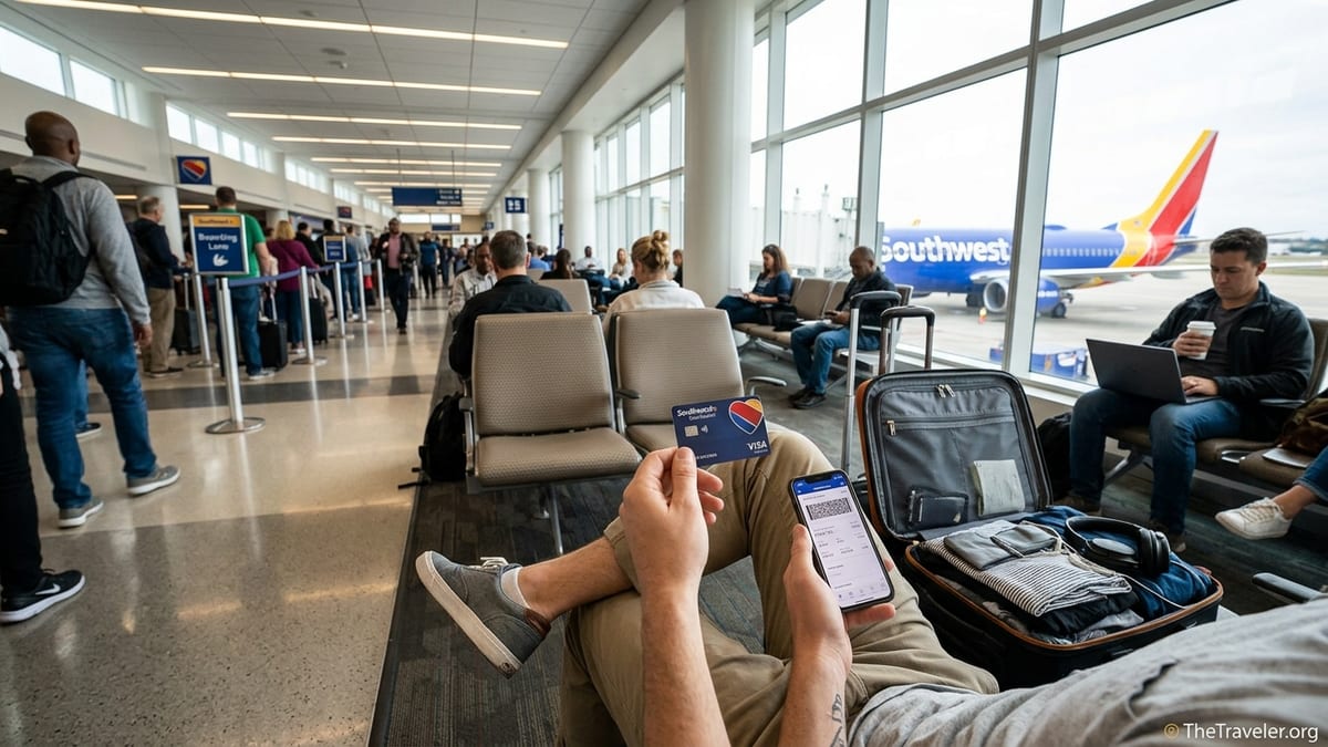 Traveler holding a Southwest credit card at an airport gate with a Southwest jet outside.