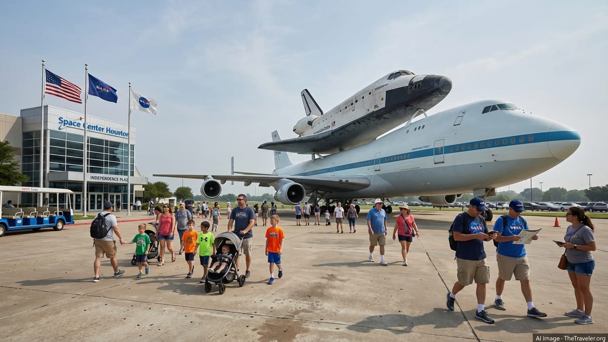 Space Center Houston featuring Shuttle Carrier Aircraft and Independence shuttle replica.