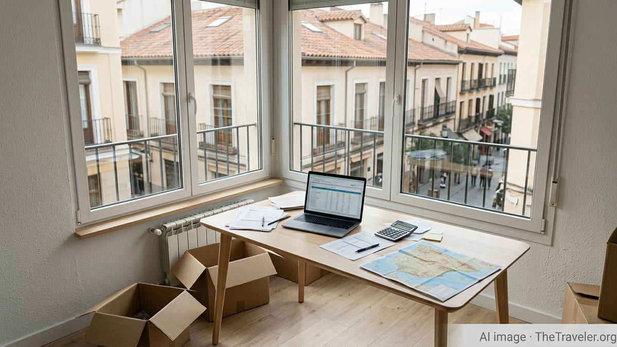 Modern Spanish city apartment workspace with laptop and papers for relocation budget planning.
