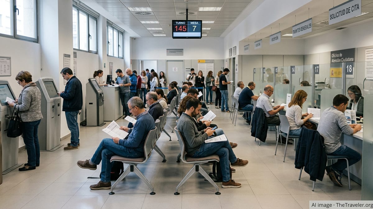 Citizens waiting at counters and kiosks in a modern Spanish government service office.