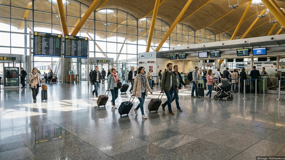 Travelers walking through a bright, modern terminal at Madrid Barajas Airport.