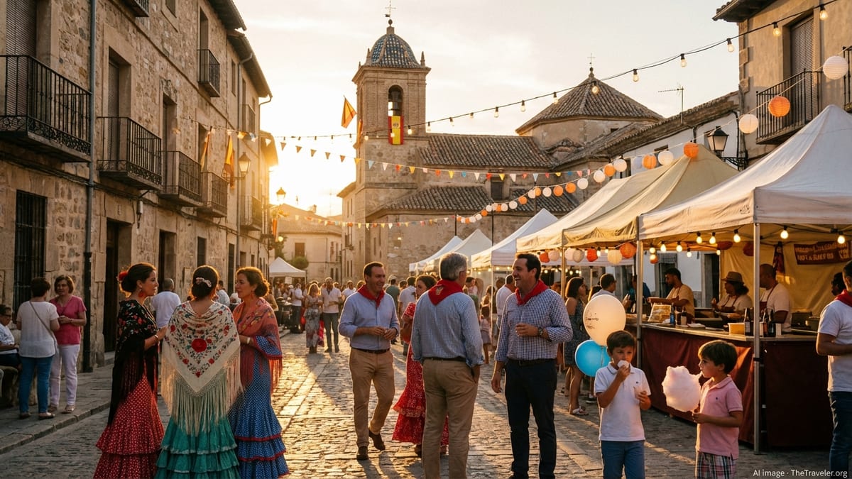 Crowds in a historic Spanish plaza enjoying a colorful evening festival.