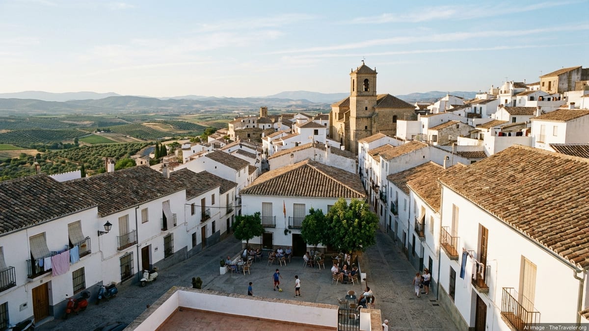 Hilltop Andalusian town overlooking olive groves and distant sierras at sunset.