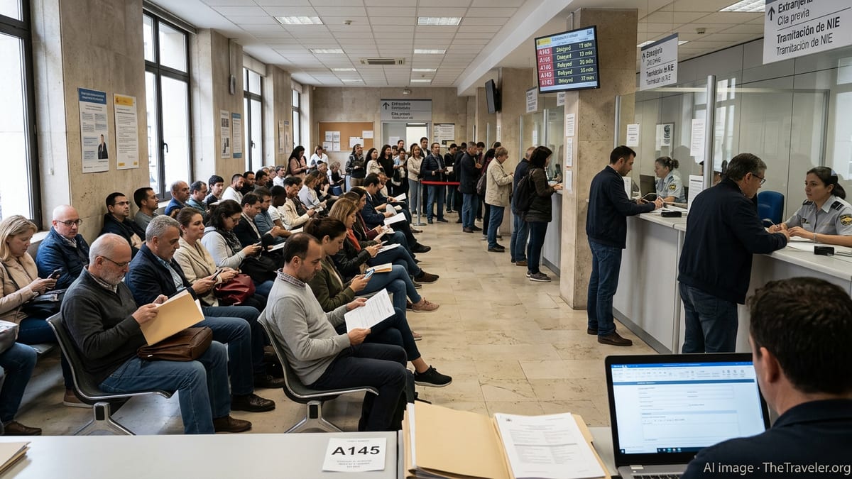 Crowded Spanish immigration office waiting area with international residents and staff at service counters.