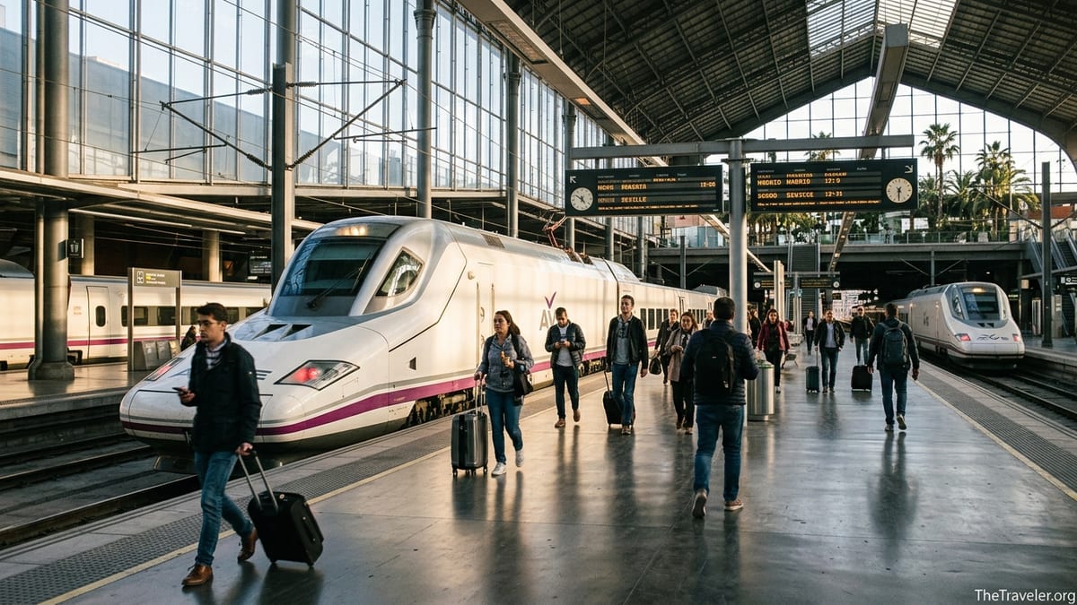 High-speed AVE train at Madrid Atocha station with travelers walking along the platform at golden hour.