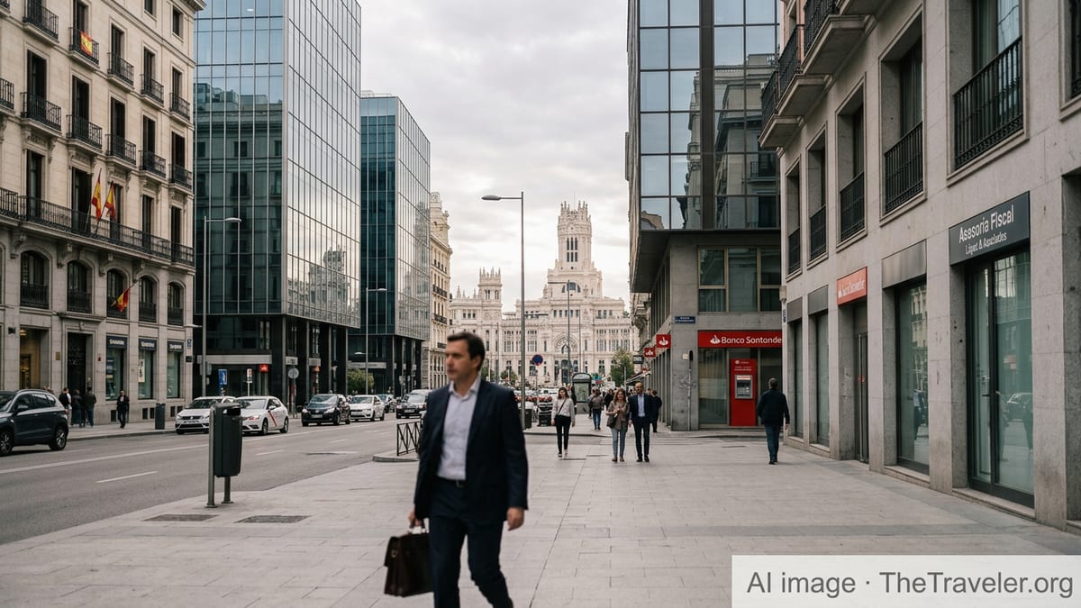 Street level view of Madrid office buildings symbolizing Spain’s capital gains tax environment.