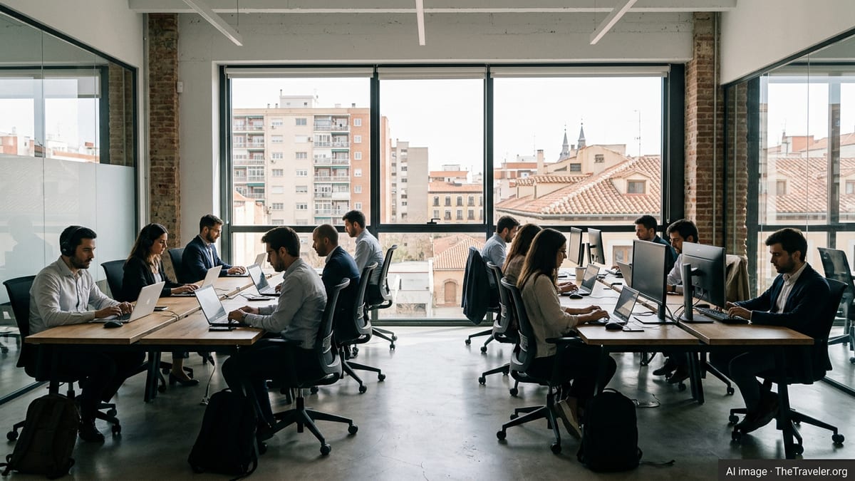 Remote workers using laptops in a bright Spanish coworking space with city views.