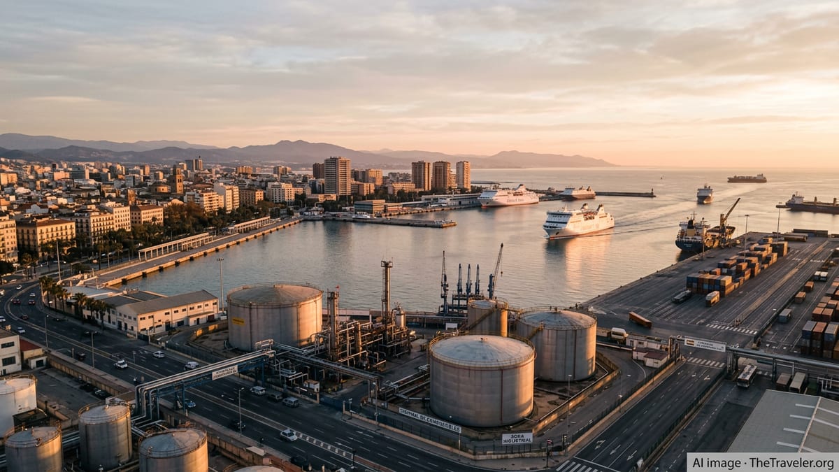 Aerial view of a Spanish Mediterranean port with oil tanks, ships and city skyline at sunset.