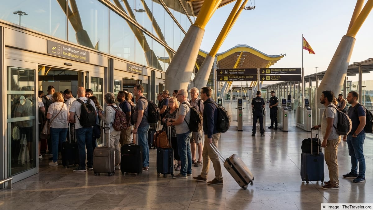 Travellers queueing at Madrid airport passport control in warm evening light