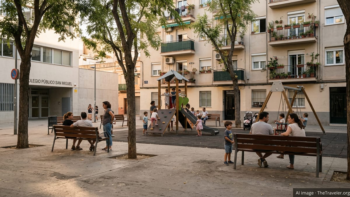 Families with children playing in a Spanish neighborhood playground beside a local school at sunset.
