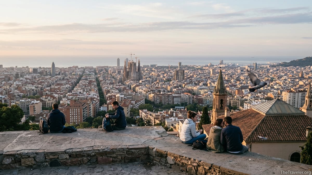 Sunrise view over Barcelona from a hilltop, with the city and sea in soft golden light.