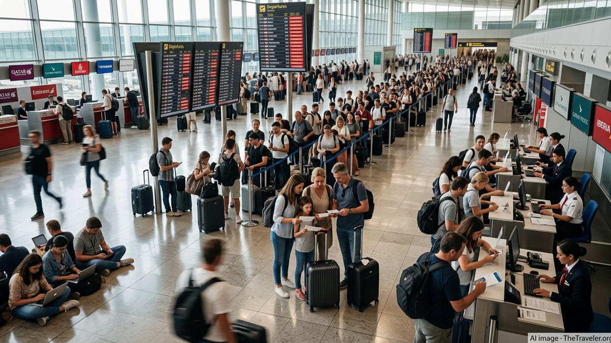 Crowded check in hall at Barcelona airport with long queues under departure boards showing multiple cancelled and delayed国际航班