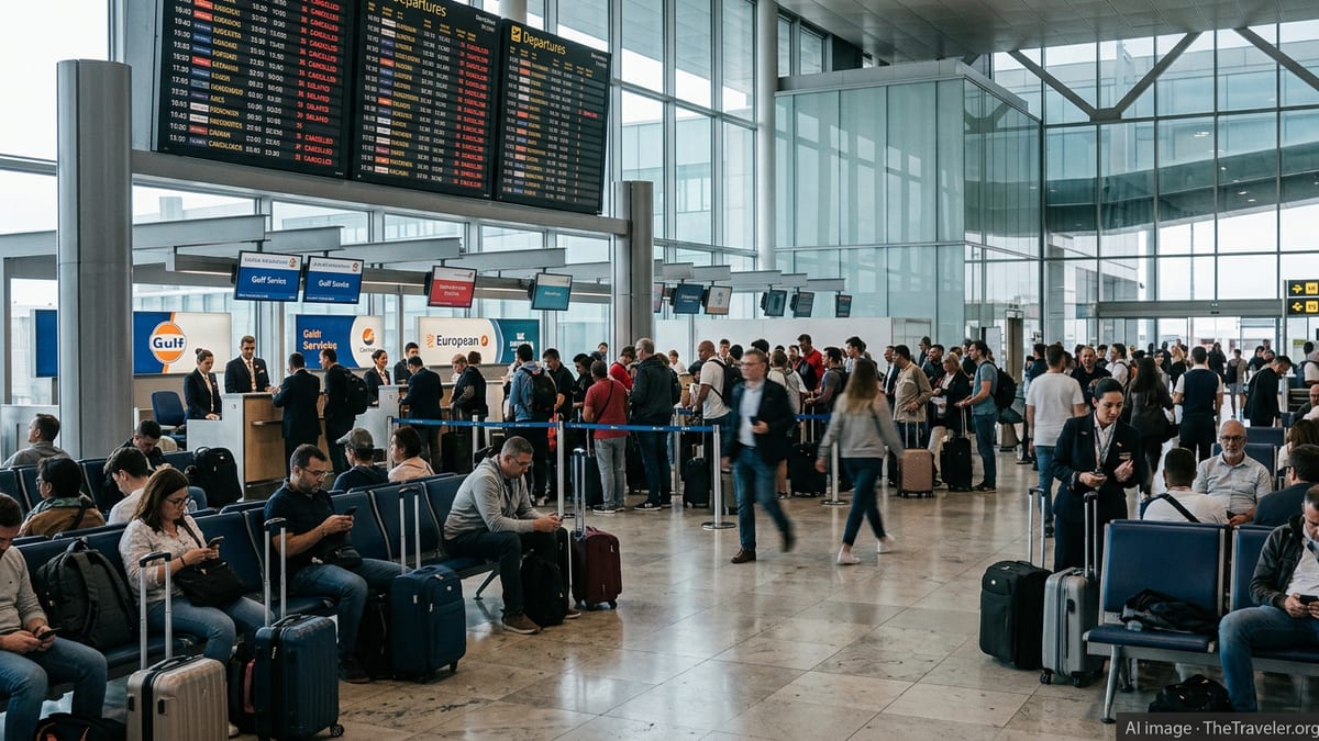 Crowded departure hall at a Spanish airport with passengers queuing under screens showing delayed and cancelled flights.