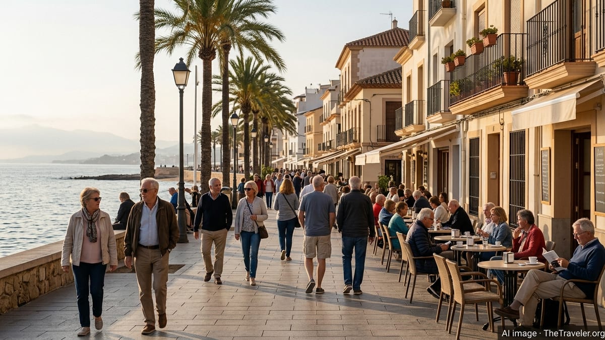 Older retirees walk along a Spanish seaside promenade lined with cafes at golden hour.