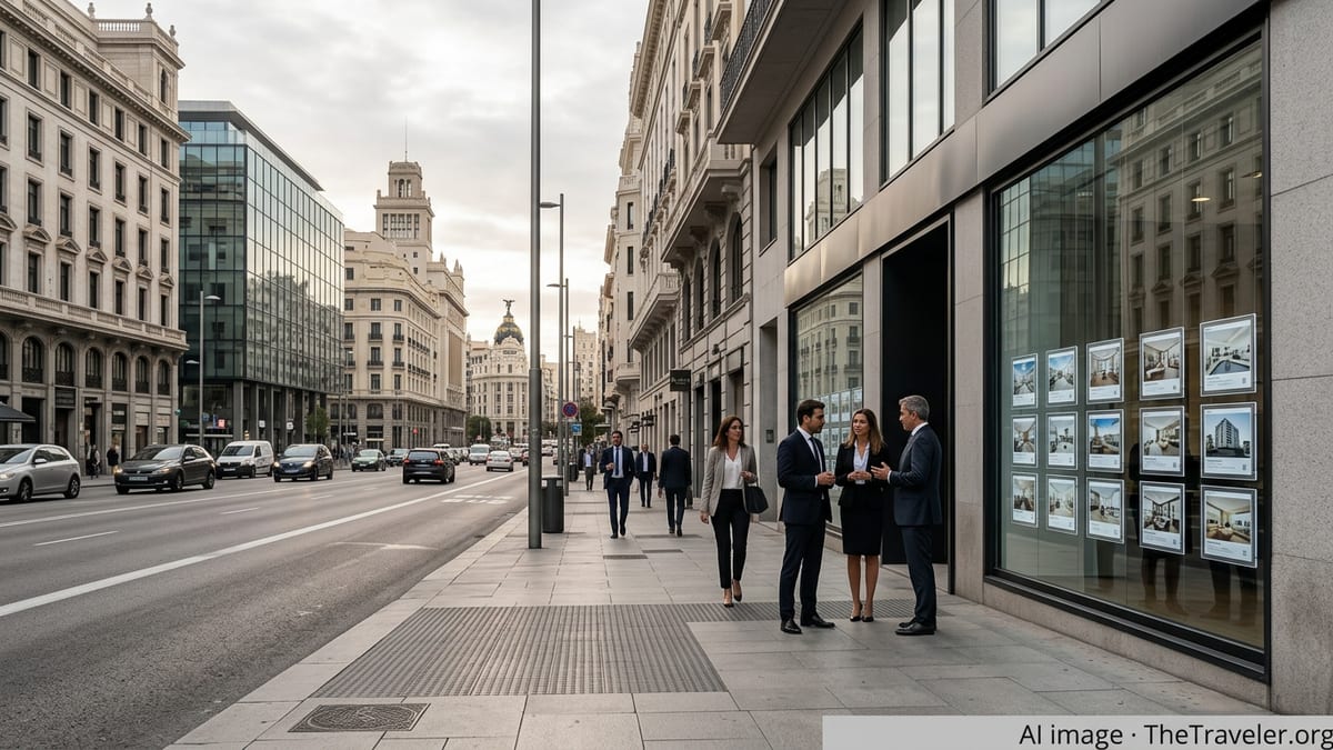 Business district street in Madrid with offices and people, suggesting investment and relocation decisions.