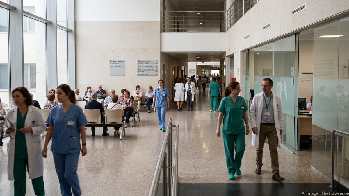 Patients and medical staff in a busy corridor of a modern Spanish public hospital.