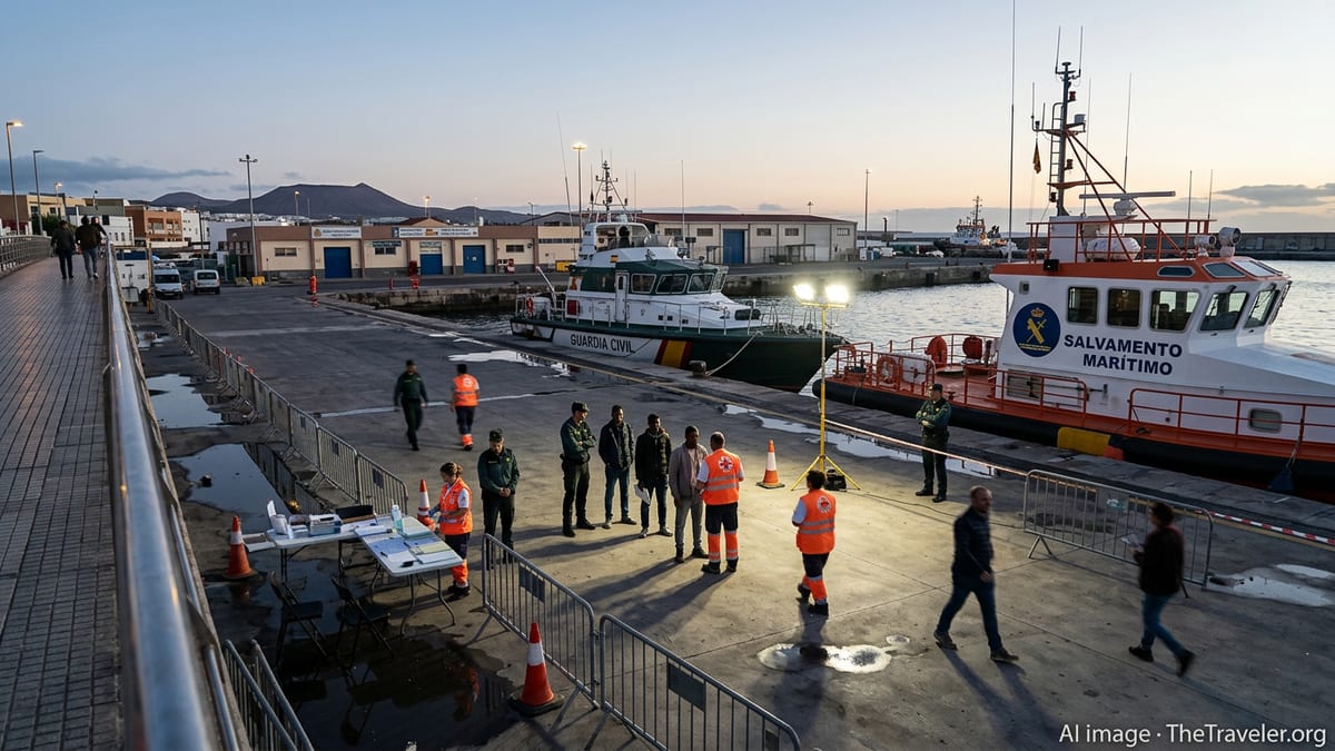 Spanish officers and aid workers process migrants at a Canary Islands port at dusk.