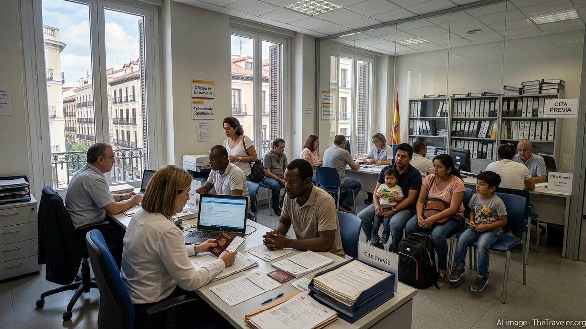Applicants and officials in a Madrid immigration office reviewing residence permit documents.