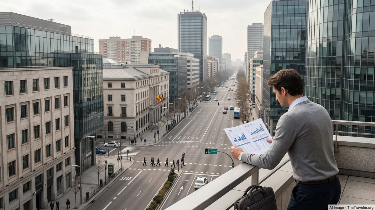 View over Madrid business district with professional reviewing financial documents on a balcony.