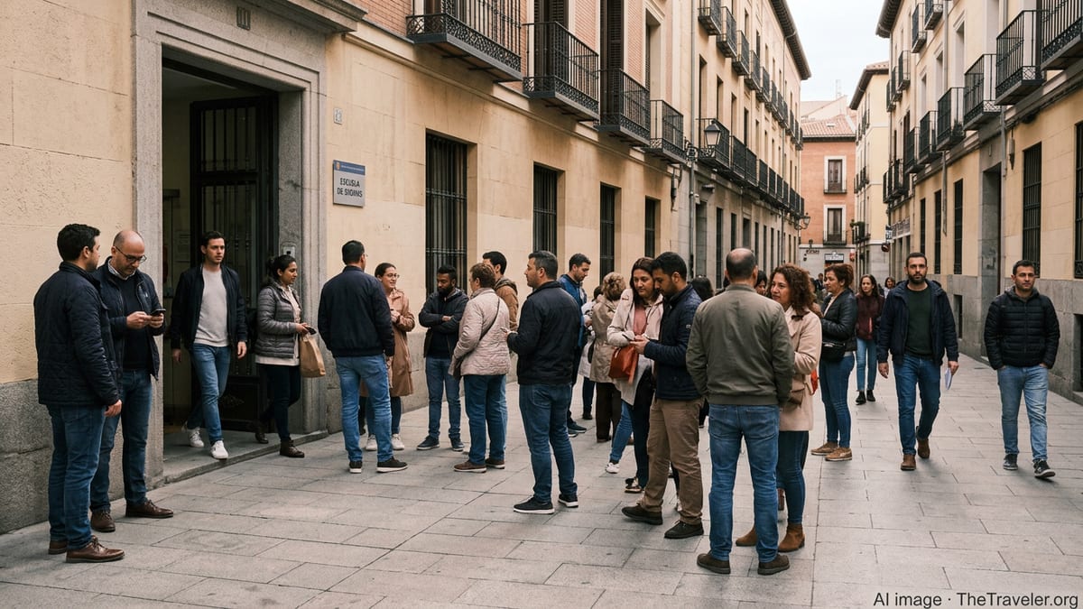 People of diverse backgrounds walk and talk outside a civic building in central Madrid.