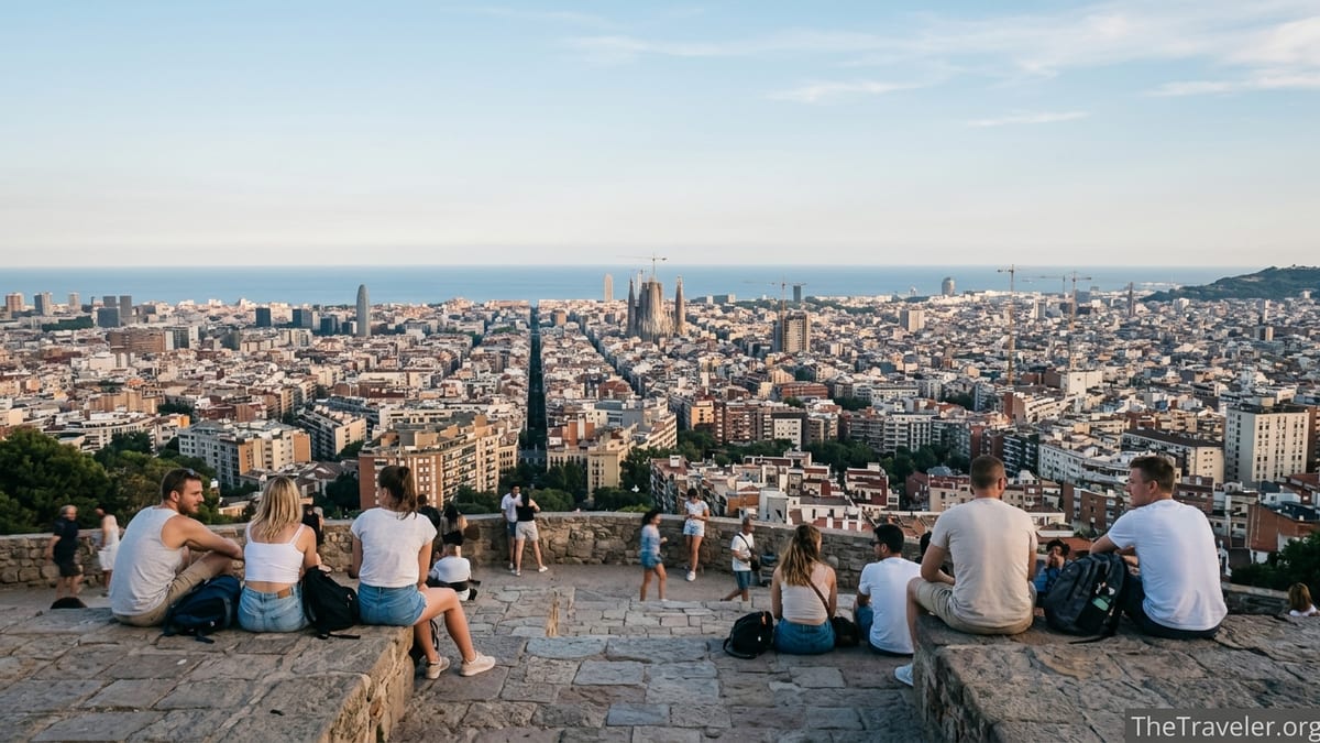 Panoramic evening view over Barcelona from a hilltop with travelers watching the city and sea.