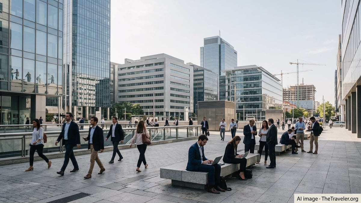 Office workers crossing a modern business district plaza in Madrid, Spain