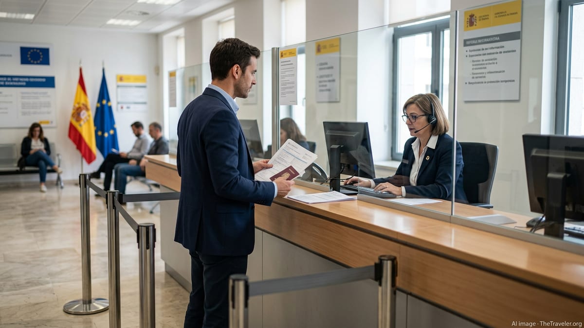 Foreign applicant submitting documents at a Spanish government office counter for NIE processing.