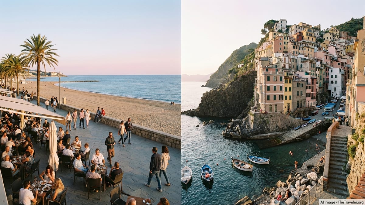 Mediterranean coastal scene contrasting a lively Spanish beach promenade with a colorful Italian cliffside village at sunset.