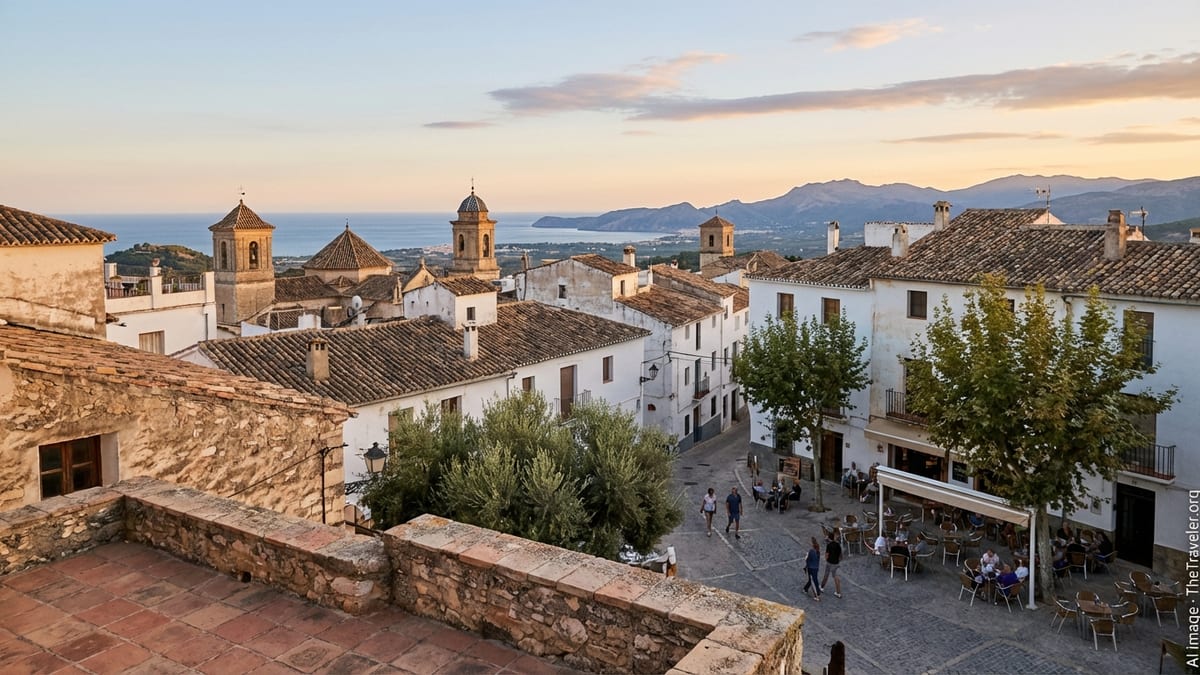 View over a whitewashed Spanish hill town at sunset with sea and mountains in the distance.