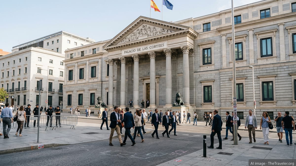 Spanish Congress of Deputies in Madrid with pedestrians and light security presence on a calm day.