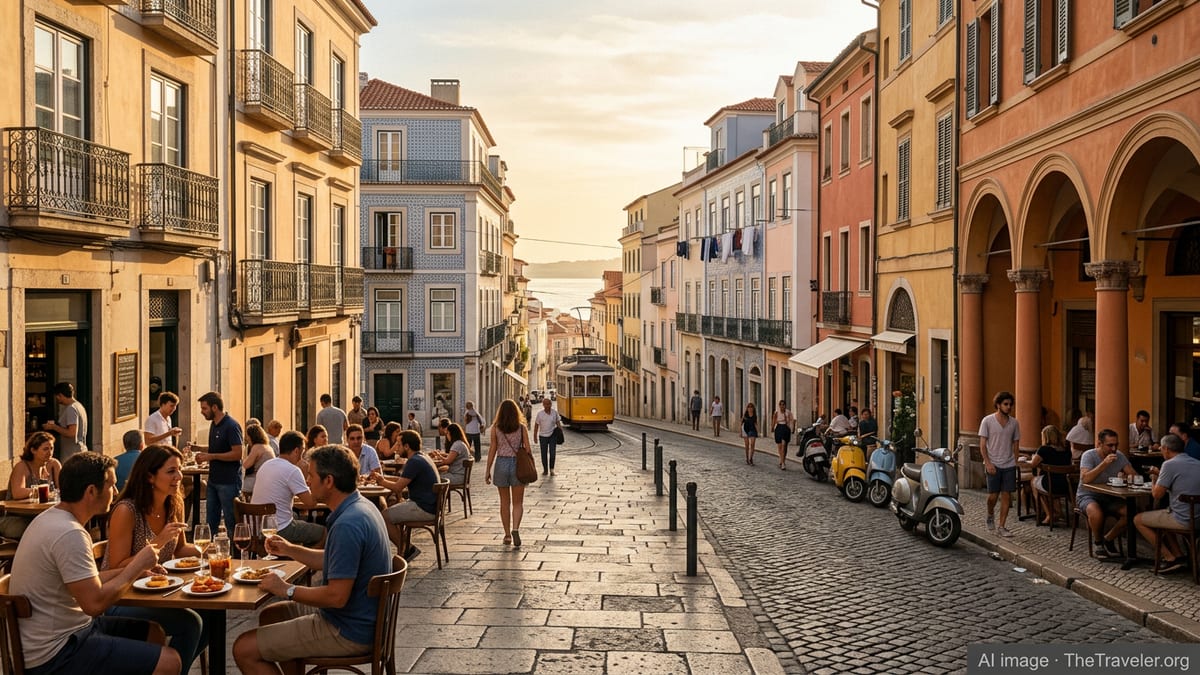 Panoramic waterfront skyline combining urban views of Spain, Portugal, and Italy under soft afternoon light.