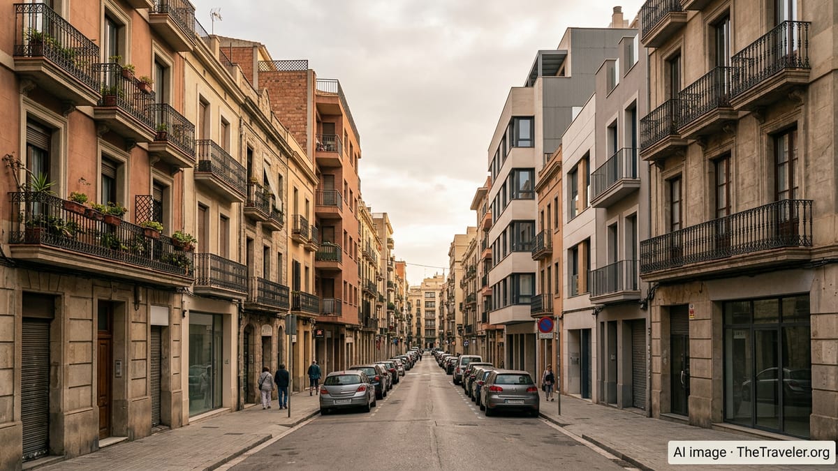 Residential street with Spanish apartment buildings illustrating urban property in Spain.