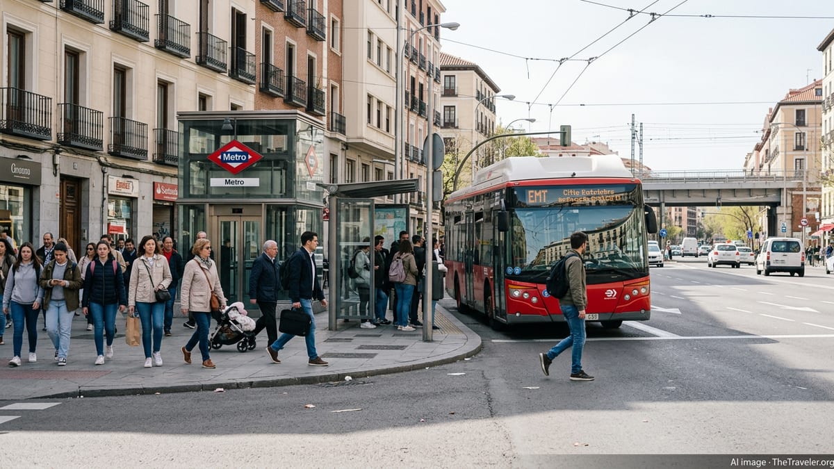 City bus and metro entrance with commuters in central Madrid, Spain