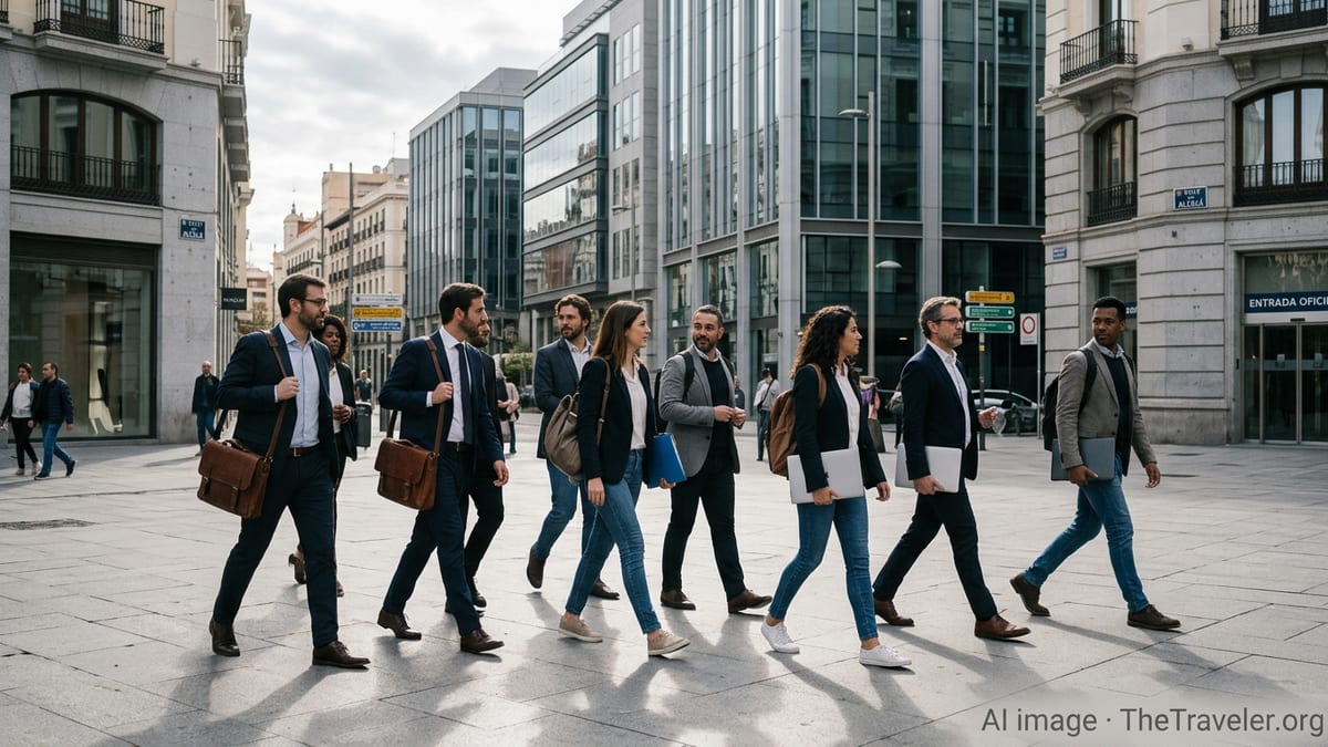 International professionals walking through a Madrid business district, symbolizing Spain residency pathways.