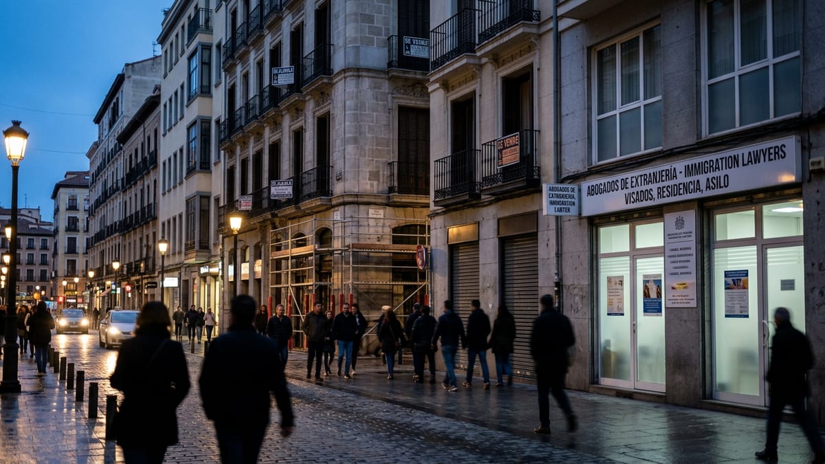 Evening street in Madrid with apartments, legal office and pedestrians under wet cobblestones.