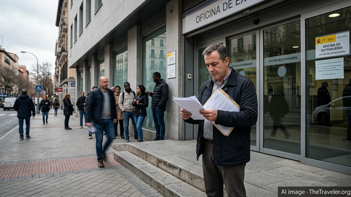 People waiting with documents outside a Spanish immigration office in Madrid.