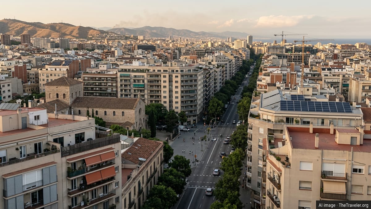 Spanish cityscape at dusk with dense urban blocks, dry hills beyond and hazy warm sky.
