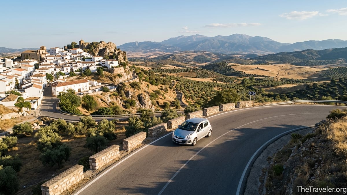 Car driving a winding mountain road below a white Andalusian village at sunset